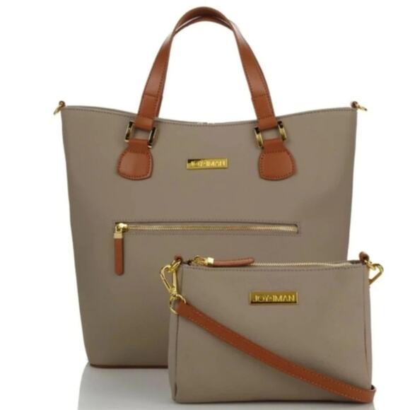 JOY & IMAN Alexandria Leather Twork travel tote bag in Taupe - Picture 1 of 9